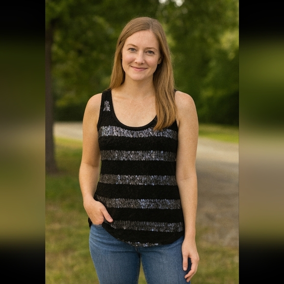 Glamorous Black Sequin V-Neck Tank Top | Size S/M - Picture 1 of 4